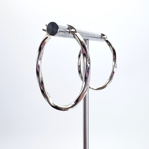 VTG Solid Sterling Silver 925 Elongated Twist Hoop Earrings Size 1.25" Length - Picture 2 of 9